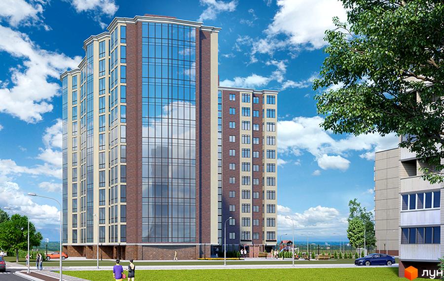 Зовнішній вигляд новобудови ЖК SokolovSky з цегляним та скляним фасадом. На прибудинковій території видно зелену зону та дитячий майданчик.