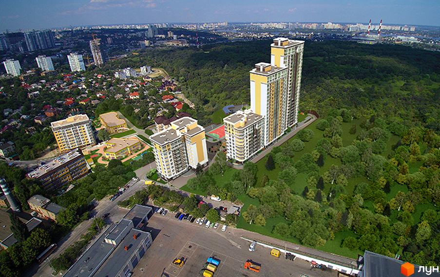 Панорамне фото Новобудови Єнісейська садиба з висотними будинками та зеленою зоною навколо. Вид зверху на будівлі та прилеглу територію.