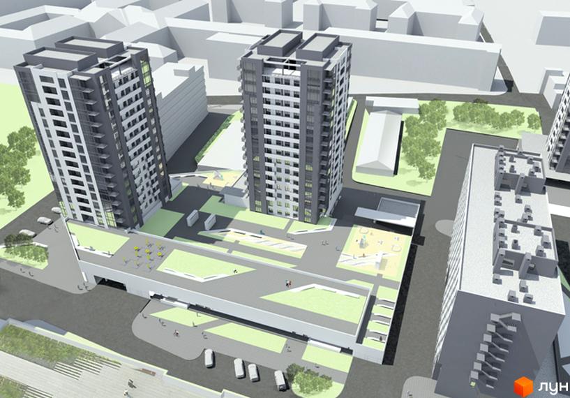 Житловий комплекс Вектор – сучасний проєкт з двома висотними будинками та упорядкованою прибудинковою територією з дитячими майданчиками та зонами відпочинку.