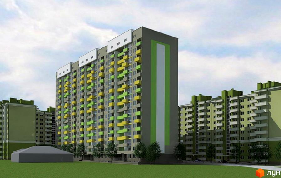 Зображення багатоповерхового будинку в Житловому комплексі Погулянка. На фото видно фасад будівлі з балконами та прибудинкову територію.