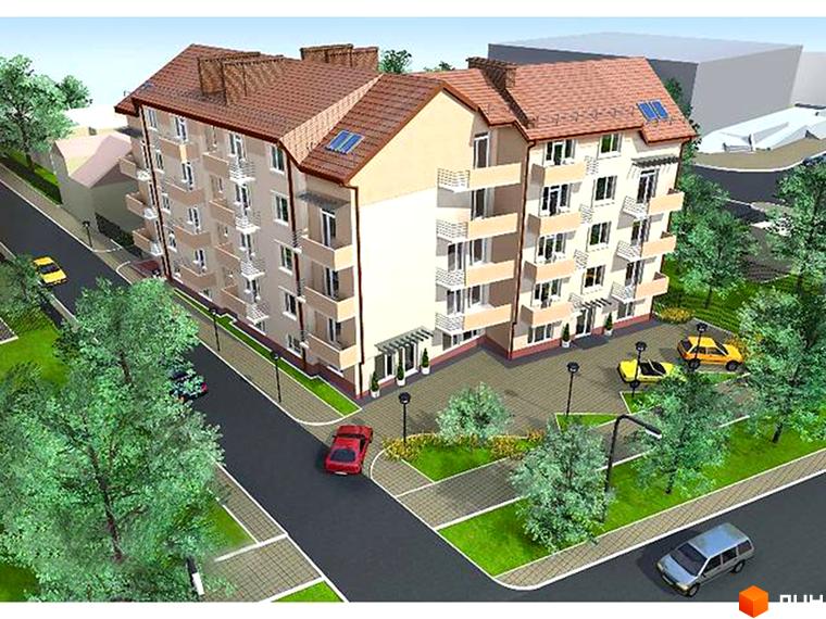 Зовнішній вигляд житлового комплексу на 6-й Скнилівський провулок, 8, з шістьма поверхами та коричневим дахом. На прибудинковій території є дерева, парковка та автомобілі.