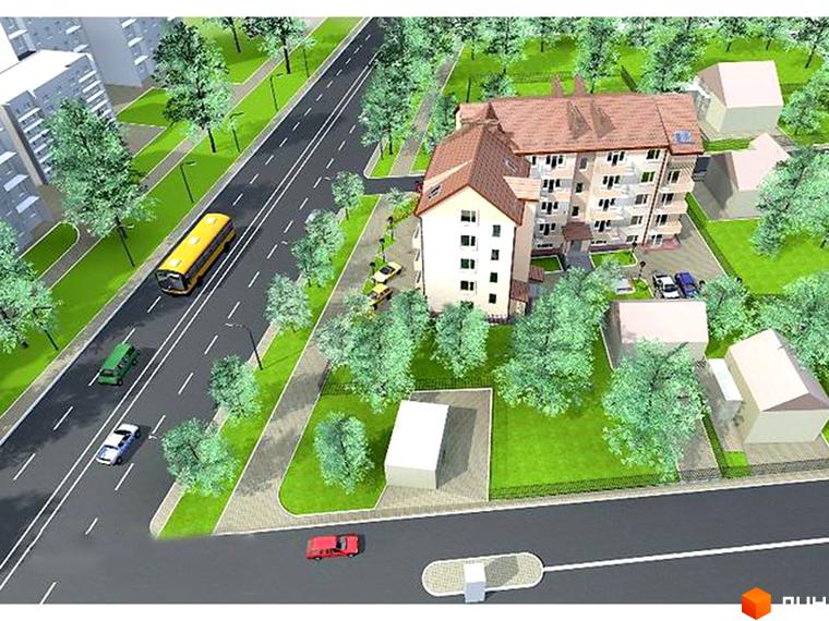 Новобудова на 6-й Скнилівський провулок, 8, з багатоповерховим будинком та прилеглою територією з деревами та дорогою. На зображенні видно автомобілі та автобус.