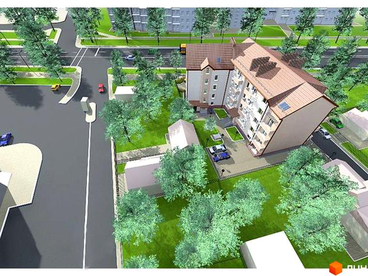 Візуалізація житлового комплексу на 6-й Скнилівський провулок, 8. Будинок з коричневим дахом та світлими стінами, прибудинкова територія з деревами та парковкою.