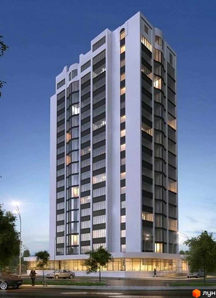 Зовнішній вигляд новобудови на вул. Козацька, 9/1. Багатоповерховий будинок з панорамними вікнами та скляними балконами. Перед будинком розташована прибудинкова територія з деревами та дорогою.