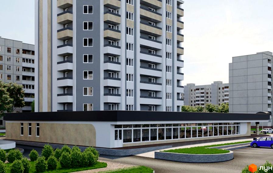 Зовнішній вигляд новобудови на вул. Новопречистенська, 55, з сірими та бежевими фасадами, балконами та великими вікнами. Прибудинкова територія з зеленими насадженнями та парковкою.