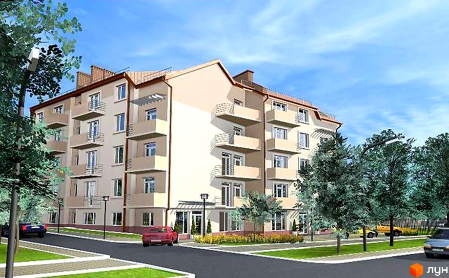 Зовнішній вигляд 6-поверхового житлового комплексу за адресою 6-й Скнилівський провулок, 8. Навколо будинку розташовані дерева та дорога з автомобілями.