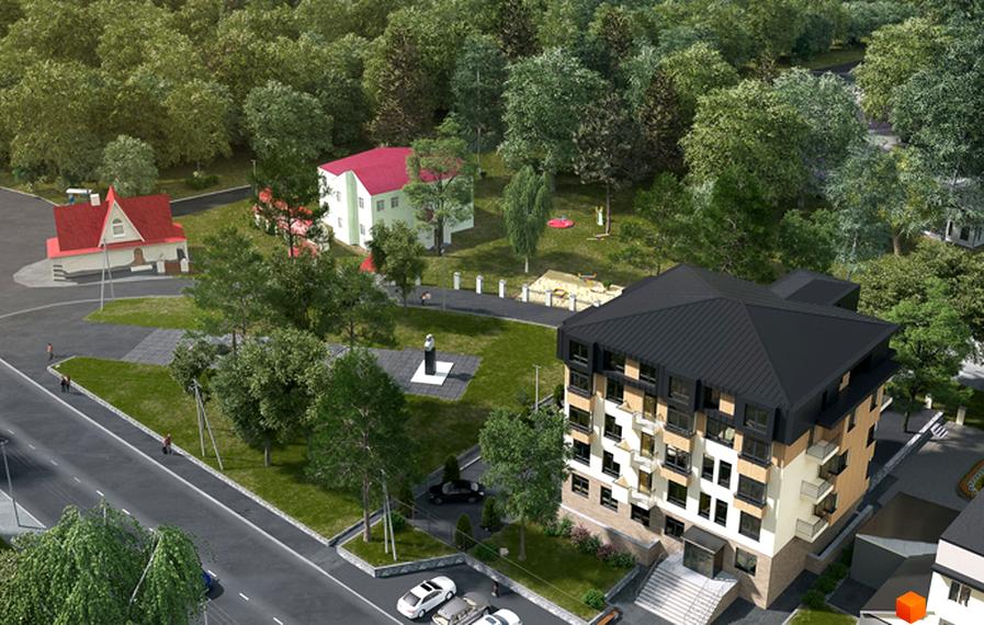 Житловий комплекс Місто комфорту на Незалежності: багатоповерховий будинок з чорним дахом та світлим фасадом, прибудинкова територія з деревами та дорогою.