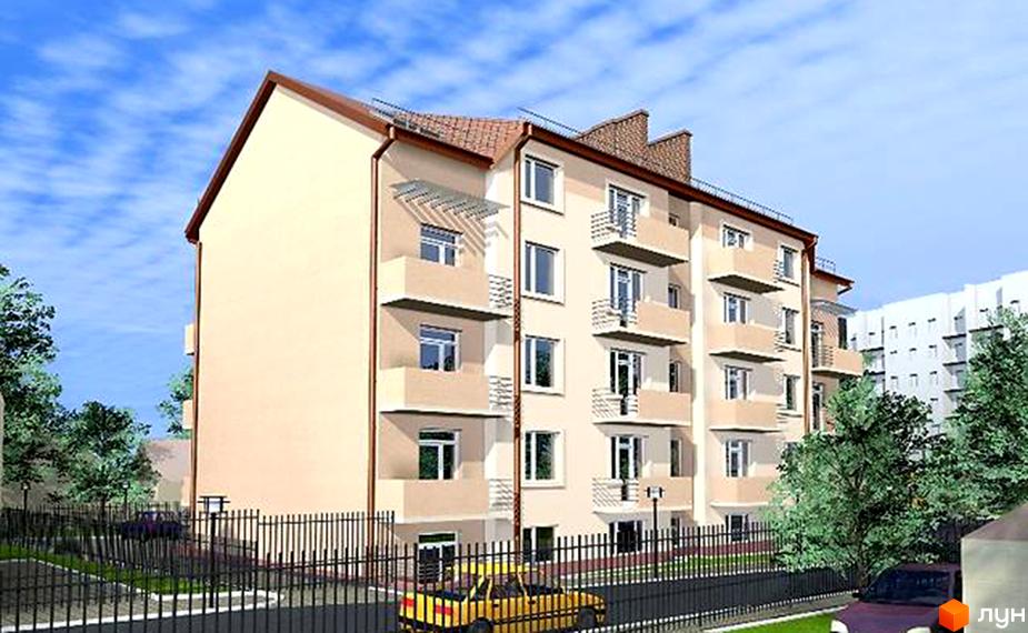 Зовнішній вигляд 6-поверхового житлового комплексу на 6-й Скнилівський провулок, 8, з балконами та вікнами. Прибудинкова територія з парканом, деревами та автомобілями.