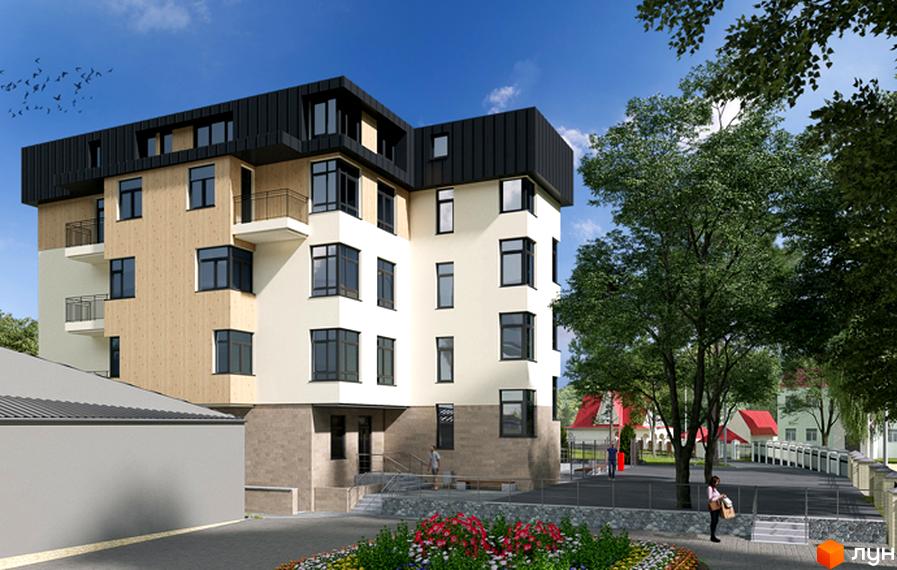 Зовнішній вигляд будинку ЖК Місто комфорту на Незалежності з дерев'яними та білими фасадами, чорним дахом та балконами. Прибудинкова територія з квітами та деревами.