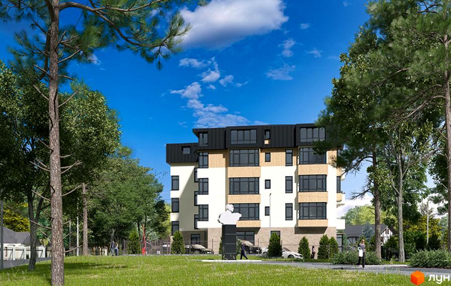 Житловий комплекс Місто комфорту на Незалежності: фасад будинку з панорамними вікнами та прибудинкова територія з деревами та скульптурою. Зовнішній вигляд новобудови та зелена зона.