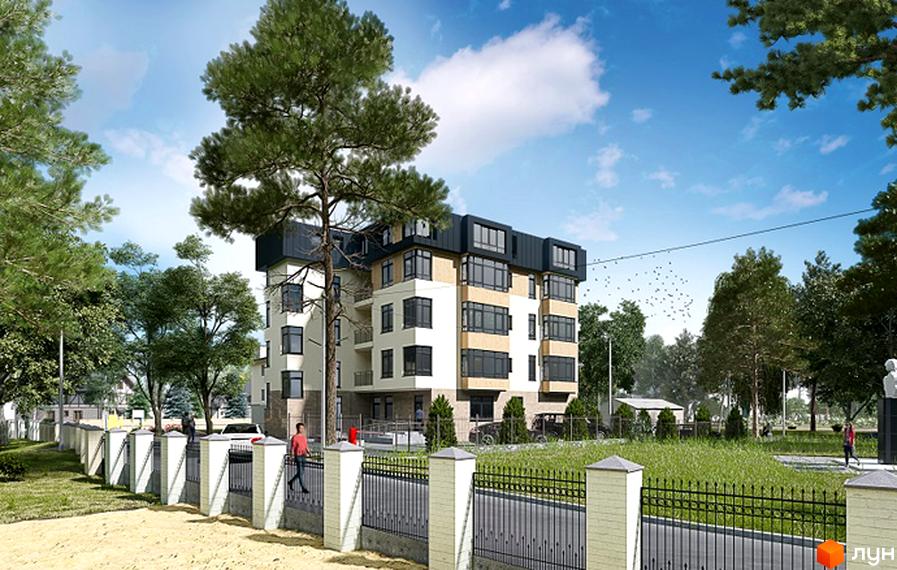Новобудова ЖК Місто комфорту на Незалежності. Зовнішній вигляд будинку з вікнами, балконами та темним дахом. Прибудинкова територія з парканом, деревами та зеленою зоною.