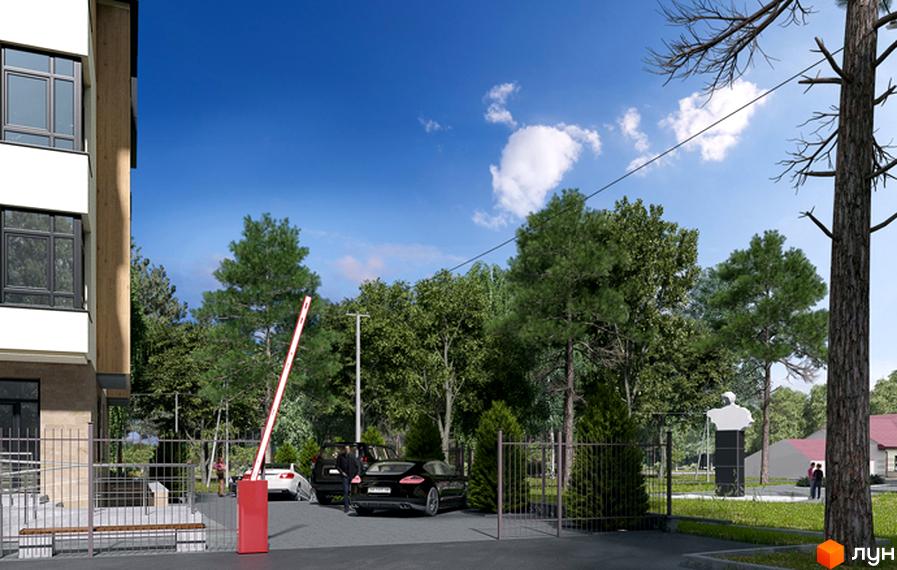 Новобудова ЖК Місто комфорту на Незалежності. На території комплексу розташовані паркомісця, шлагбаум та зелені насадження.