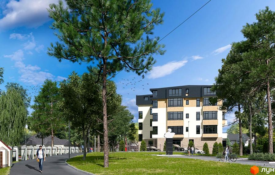 Житловий комплекс Місто комфорту на Незалежності. Зовнішній вигляд будівлі з панорамними вікнами та прибудинкова територія з деревами та пішохідною доріжкою.