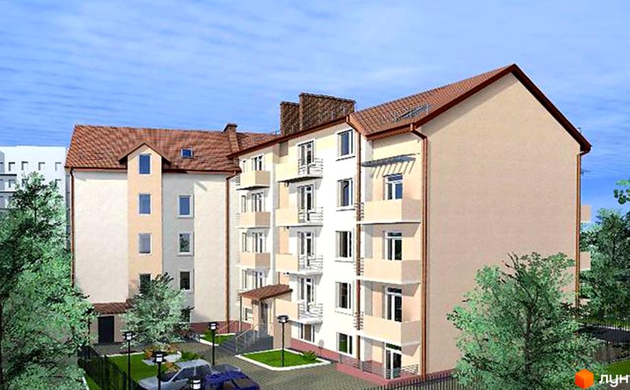 Зовнішній вигляд новобудови на 6-й Скнилівський провулок, 8, з балконами та вікнами. Прибудинкова територія з деревами та автомобілями.