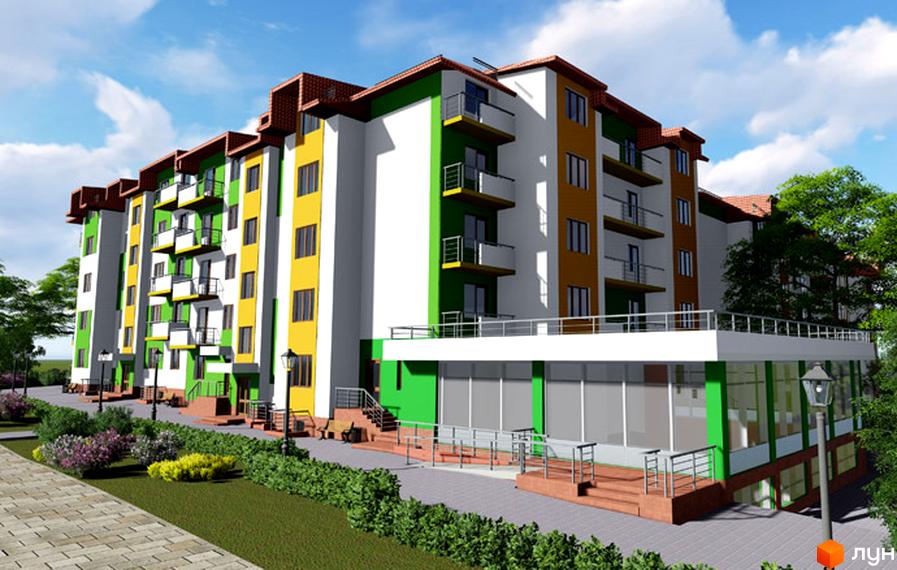 Новобудова Серпанок з яскравим фасадом та балконами. Прибудинкова територія з доглянутими зеленими насадженнями та пішохідними доріжками.