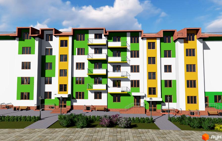 Зовнішній вигляд новобудови ЖК Серпанок з яскравим фасадом та балконами. Прибудинкова територія з доріжками та зеленими насадженнями.