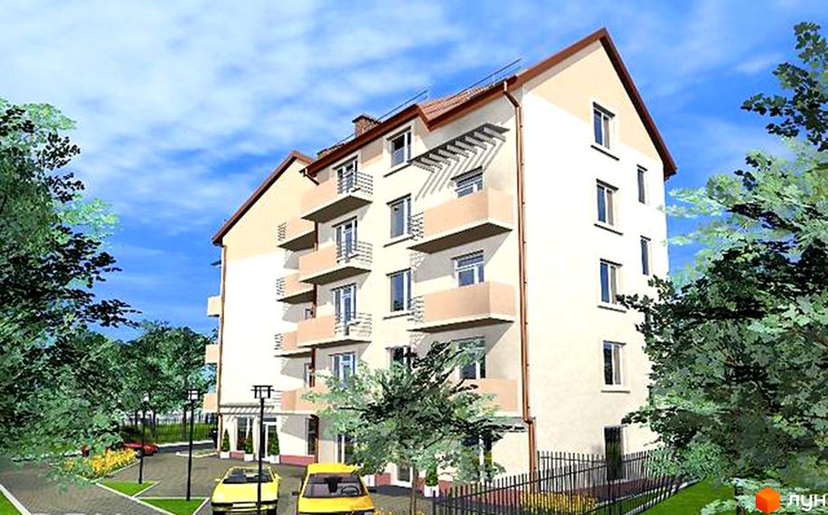 Новобудова на 6-й Скнилівський провулок, 8. Будинок має світлий фасад, балкони та вікна. На прибудинковій території розташовані дерева, паркан та автомобілі.