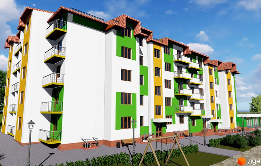 Зображення фасаду та прибудинкової території Житлового комплексу Серпанок. Багатоповерховий будинок з балконами, дитячий майданчик та зелені насадження.