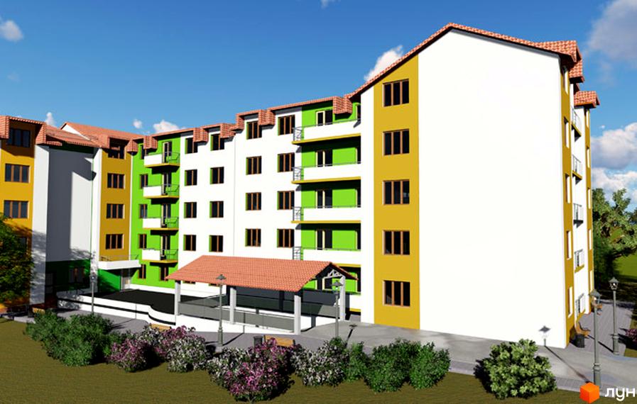 Зовнішній вигляд новобудови ЖК Серпанок з яскравими фасадами та зеленими зонами. Прибудинкова територія з доріжками та освітленням.