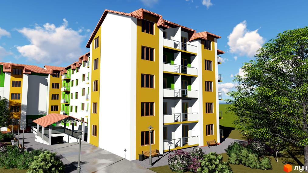 Житловий комплекс Серпанок: багатоповерховий будинок з жовто-білим фасадом, зеленими акцентами та червоним дахом. Навколо - дерева та лавки.