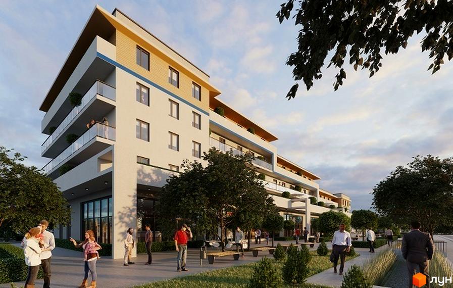 Житловий комплекс BelleVille з багатоповерховими секціями, балконами та скляними огорожами. Навколо зелена зона з деревами та пішохідними доріжками.