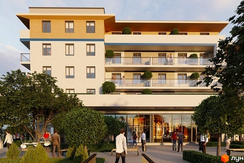 Новобудова BelleVille з балконами та скляними фасадами. Навколо будинку розташовані зелені насадження та місця для відпочинку.