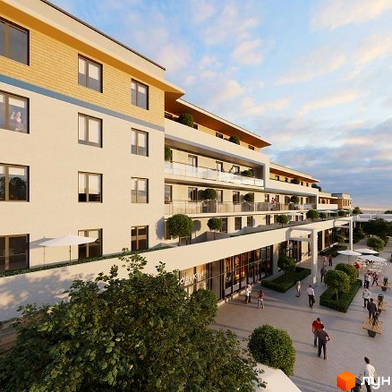 Зовнішній вигляд житлового комплексу BelleVille з балконами та комерційними приміщеннями на першому поверсі. На прибудинковій території розташовані дерева та місця для відпочинку.