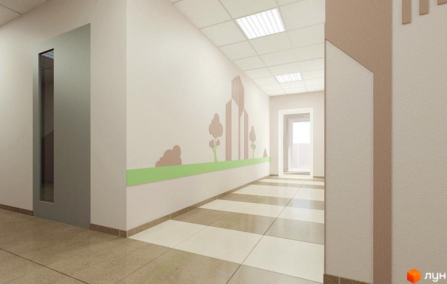 Світлий коридор у Житловому комплексі Новомостицький з декоративними малюнками будівель та дерев на стінах.