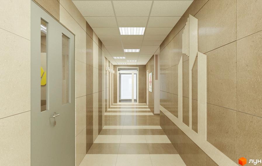 Просторий коридор Житлового комплексу Новомостицький з оздобленням стін та підлоги світлою плиткою, яскравим стельовим освітленням.