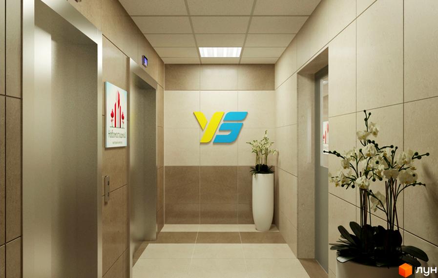 Просторий хол Житлового комплексу Новомостицький з двома ліфтами, світлими стінами, оздобленими плиткою, та зеленими рослинами.