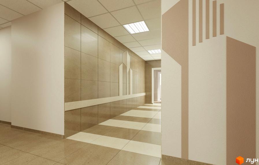 Інтер'єрний коридор Житлового комплексу Новомостицький: світлі стіни з декоративними елементами, плитка на підлозі зі смугастим візерунком, підвісна стеля з освітленням.