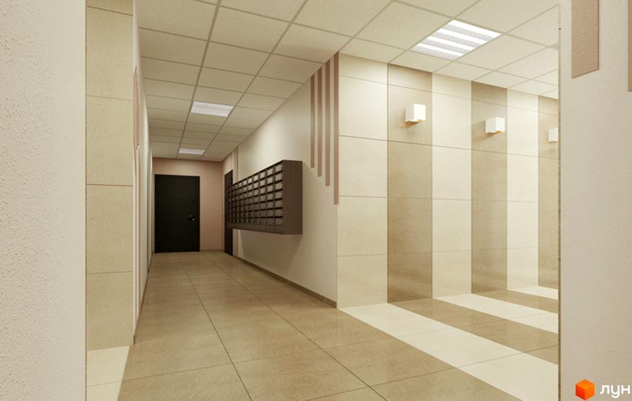 Коридор Житлового комплексу Новомостицький з плитковою підлогою та стінами, поштовими скриньками та вбудованим освітленням.