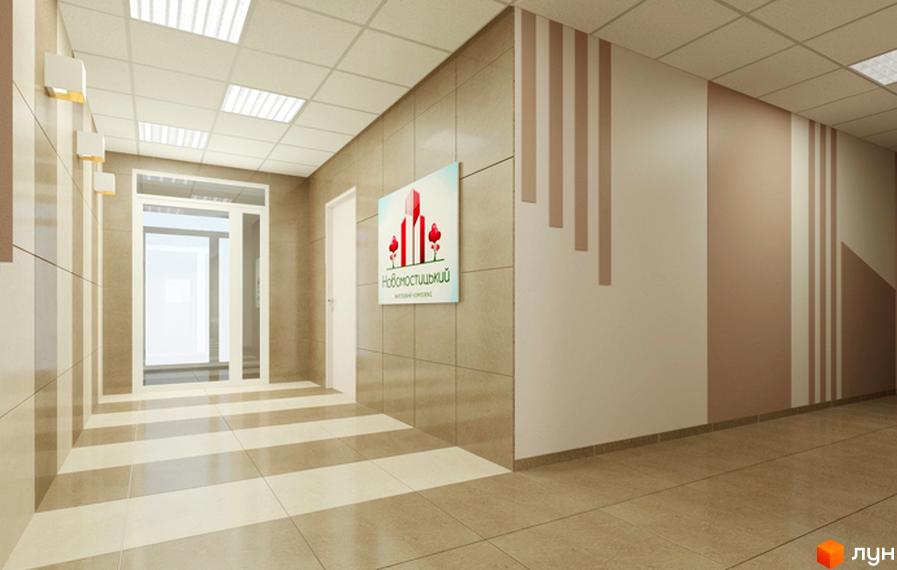 Світлий коридор Житлового комплексу Новомостицький з плитковою підлогою у світло-коричневу смужку. На стіні розміщена інформаційна вивіска.