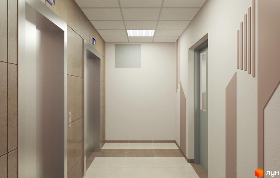 Просторий коридор Житлового комплексу Новомостицький з двома ліфтами та світлими стінами. На підлозі плитка, стіни оздоблені декоративними елементами.