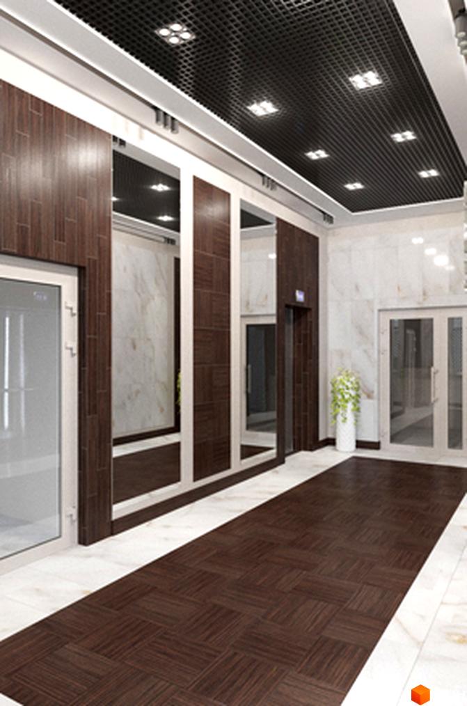 Інтер'єр холу в Новобудові FREEDOM з дерев'яними панелями та дзеркалами. Підлога викладена плиткою під дерево, стеля чорна з точковими світильниками.
