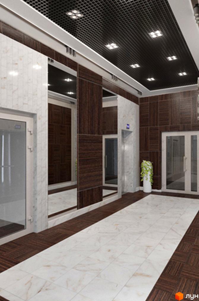 Інтер'єр холу в Будівельному проєкті FREEDOM з ліфтами та оздобленням стін під дерево. Підлога викладена світлою плиткою з темними вставками.
