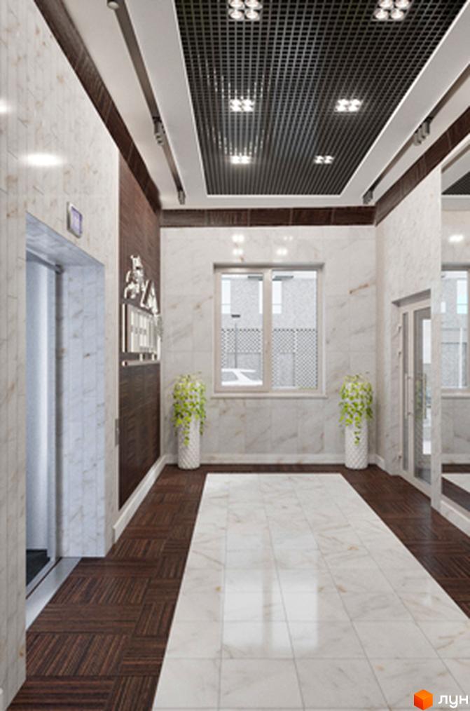 Інтер'єр холу в новобудові. Світла мармурова підлога, темне дерево на стінах та стелі. Вікна з видом на вулицю.