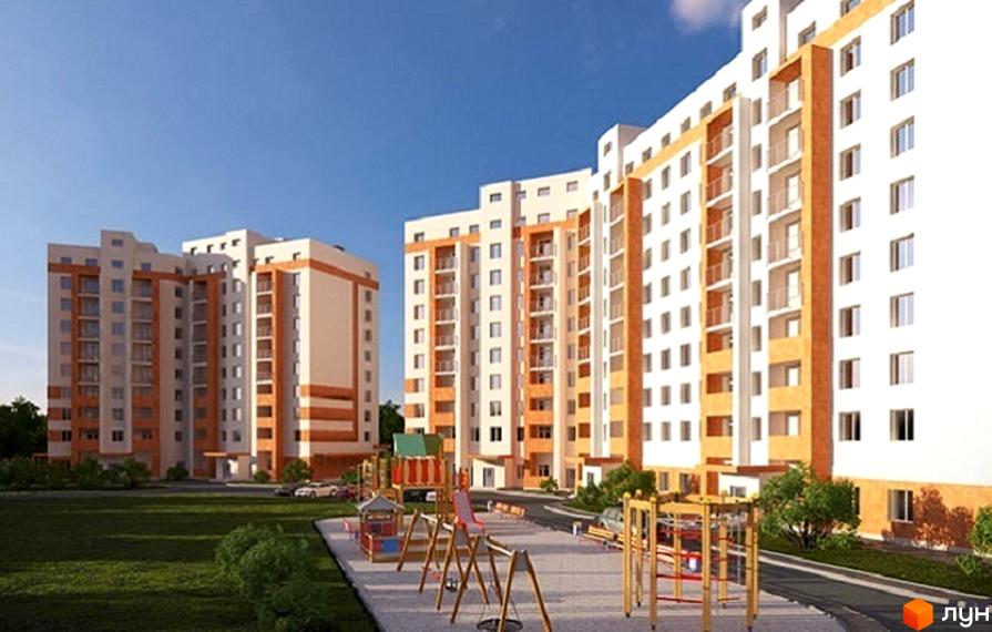 Житловий комплекс Морський (Южне) - сучасні багатоповерхові будинки з оранжевими елементами та дитячим майданчиком.