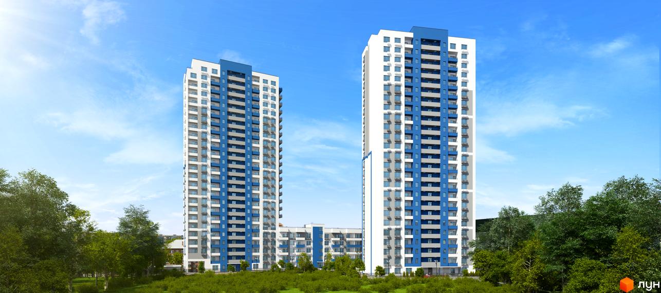 Зовнішній вигляд ЖК Воздухофлотський квартал: високі біло-сині будівлі з численними балконами на тлі блакитного неба. Навколо комплексу зелені дерева та доглянута територія.