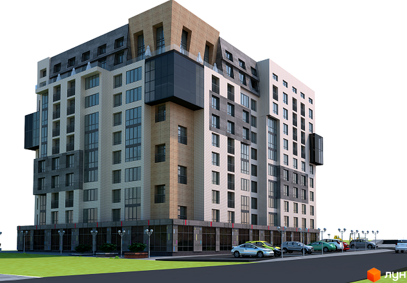 Зовнішній вигляд новобудови ЖК Гармонія-2 з великою кількістю вікон та балконів. Прибудинкова територія з зеленими насадженнями та паркуванням.