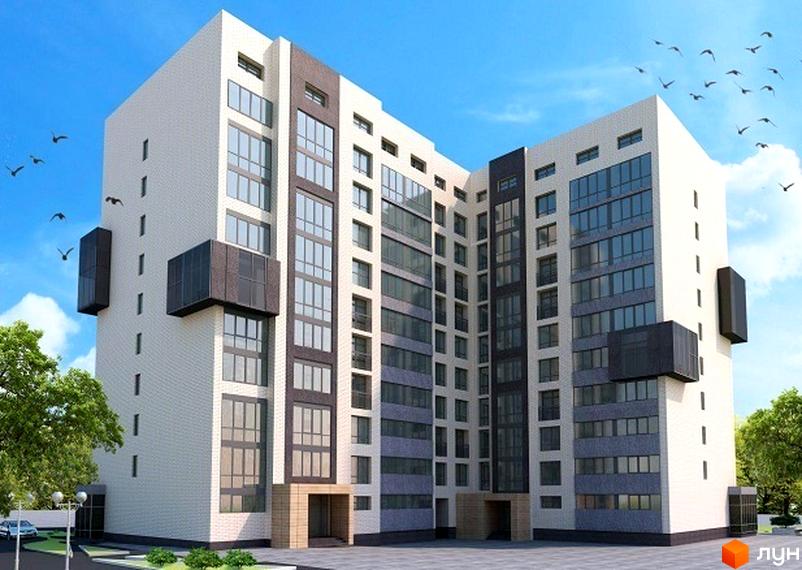 Зовнішній вигляд житлового комплексу Гармонія-2 з білою та сірою обробкою, великими вікнами та виступаючими елементами. Навколо будинку дерева та синє небо з птахами.