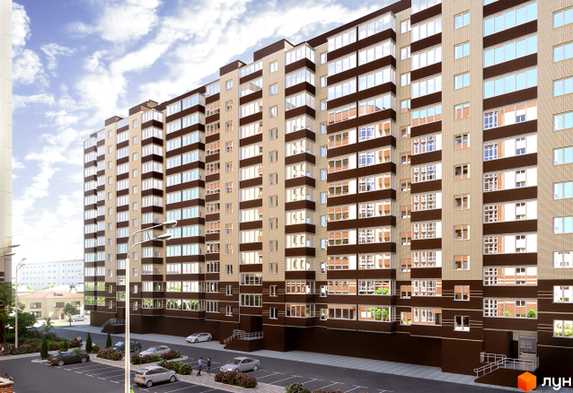 Зовнішній вигляд багатоповерхового будинку ЖК Олександрівський 2 з коричневими та бежевими фасадами, великою кількістю вікон та балконів. Прибудинкова територія з парковкою та зеленими насадженнями.