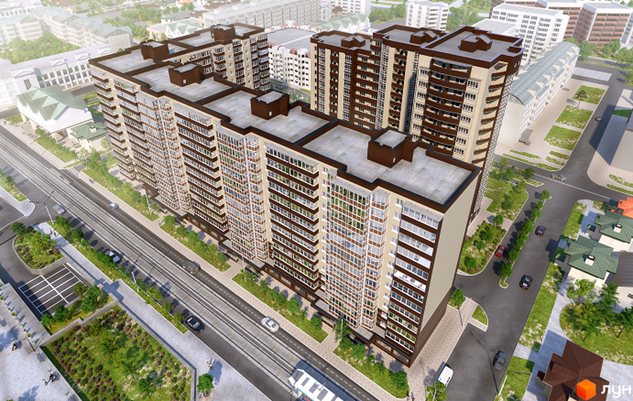 Житловий комплекс Олександрівський 2 - сучасна новобудова з великою кількістю вікон та балконів. Навколо будинку зелена зона та дороги з автомобілями.