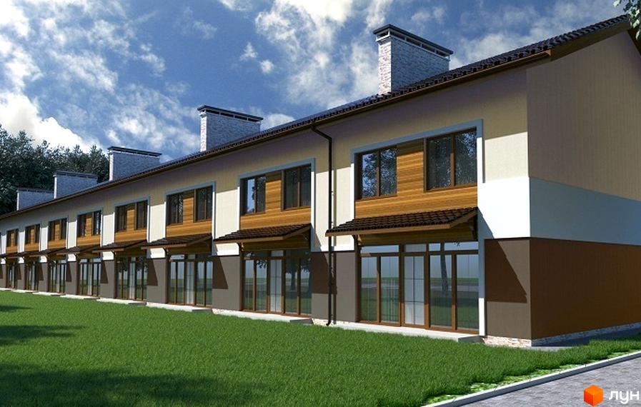 Зовнішній вигляд таунхаусів Family House з дерев'яними елементами та великими вікнами на тлі блакитного неба. Зелена галявина перед будинками.