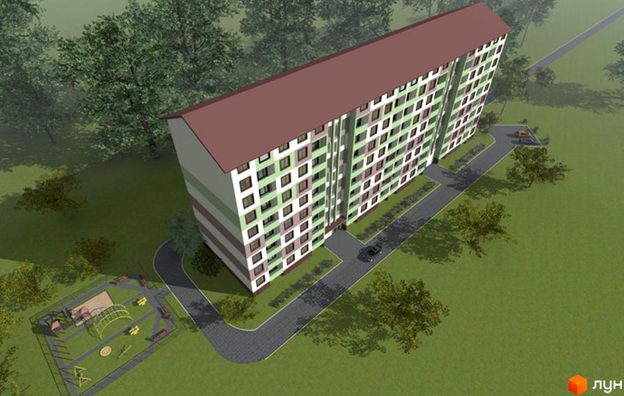 Багатоповерховий житловий комплекс з зелено-білими фасадами та коричневим дахом. Поруч розташований дитячий майданчик та парковка.