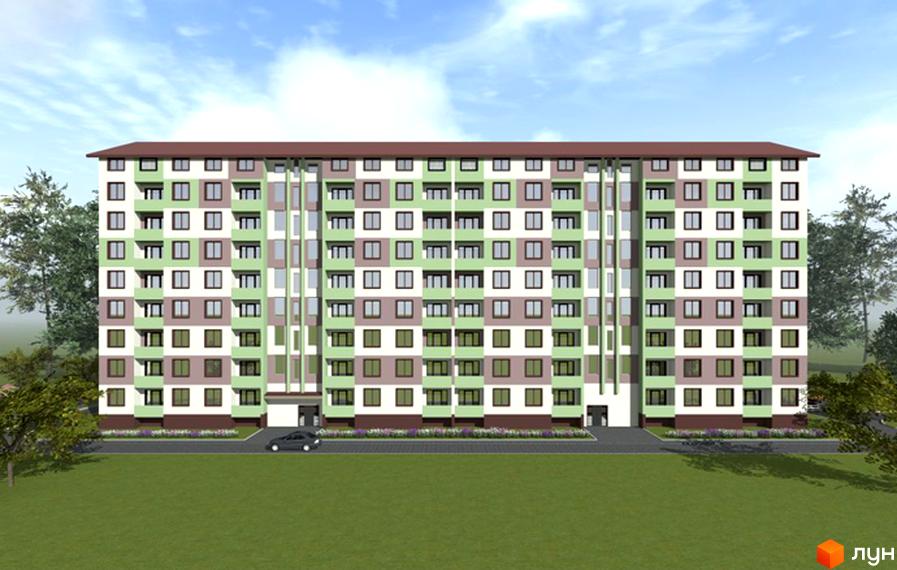 Фасад багатоповерхового будинку на вул. Київська, 96, з зеленими та бежевими елементами. Перед будинком розташована доглянута прибудинкова територія з газоном та деревами.