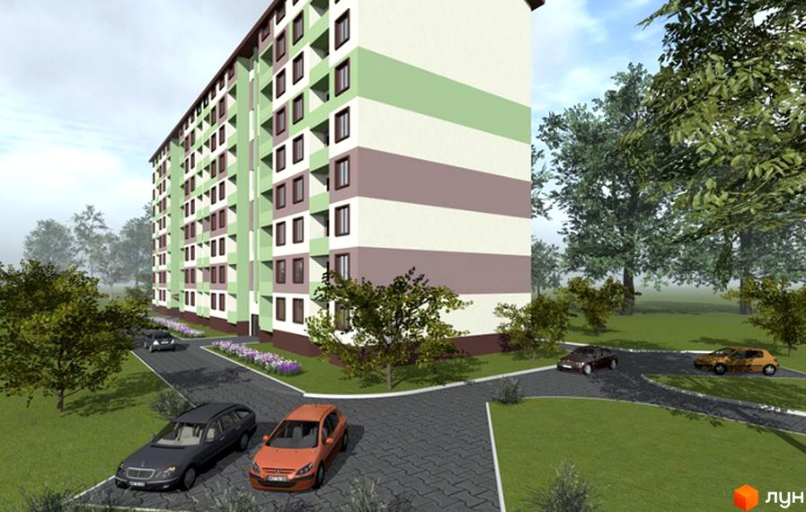 Зовнішній вигляд багатоповерхового будинку з зеленими та бежевими смугами. На прибудинковій території розташовані дерева, зелені насадження та припарковані автомобілі.
