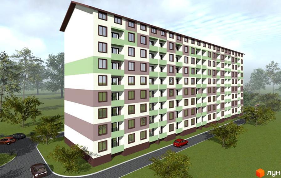 Багатоповерховий житловий комплекс на вулиці Київській, 96, з фасадом у біло-зелено-коричневих тонах. Навколо будинку розташована прибудинкова територія з деревами та автомобілями.