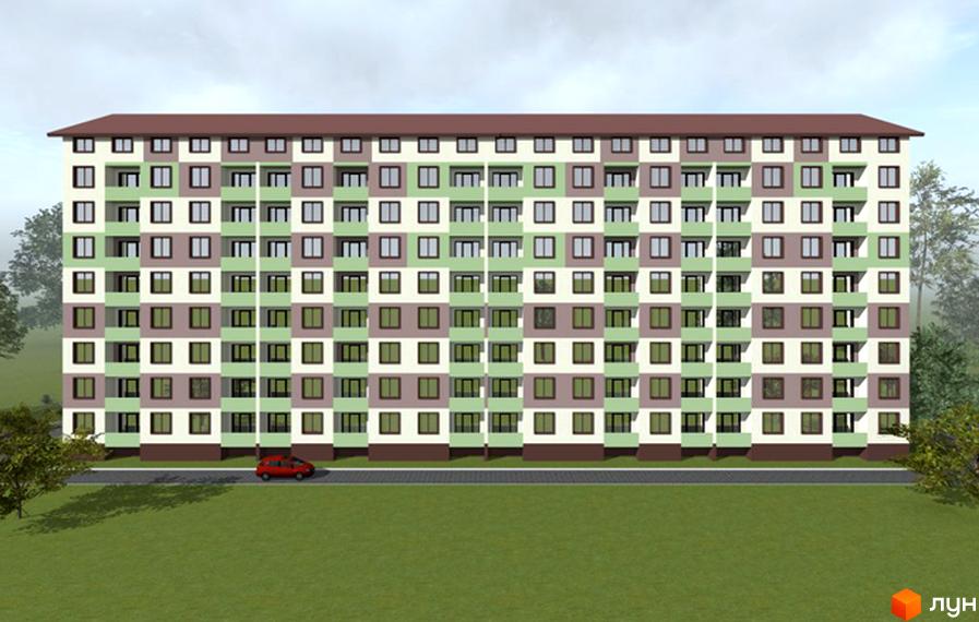 Новобудова на вулиці Київська, 96. Багатоповерховий будинок з коричневим дахом та фасадом, що чергується, з білих та світло-зелених секцій. Навколо будинку зелена галявина та дерева, біля будинку стоїть червоний автомобіль.