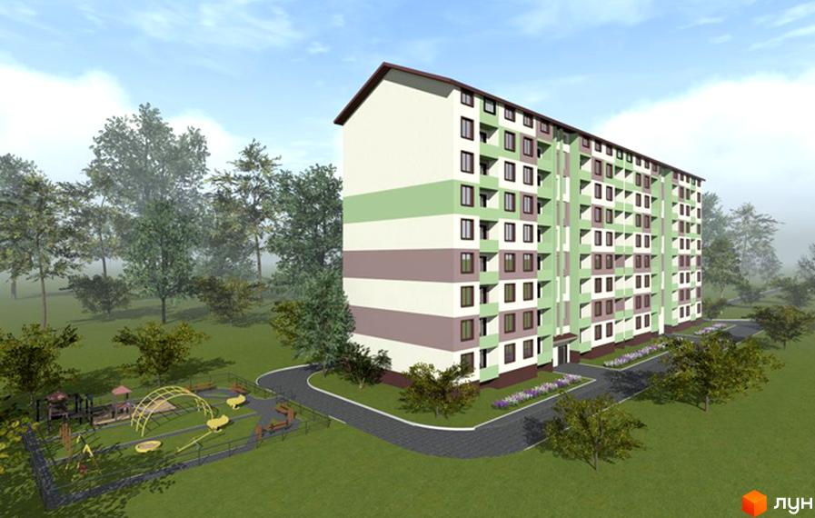 Багатоповерховий житловий комплекс на вулиці Київській, 96, з зеленими та сірими смугами. Поруч розташований дитячий майданчик з ігровими елементами та зона відпочинку.